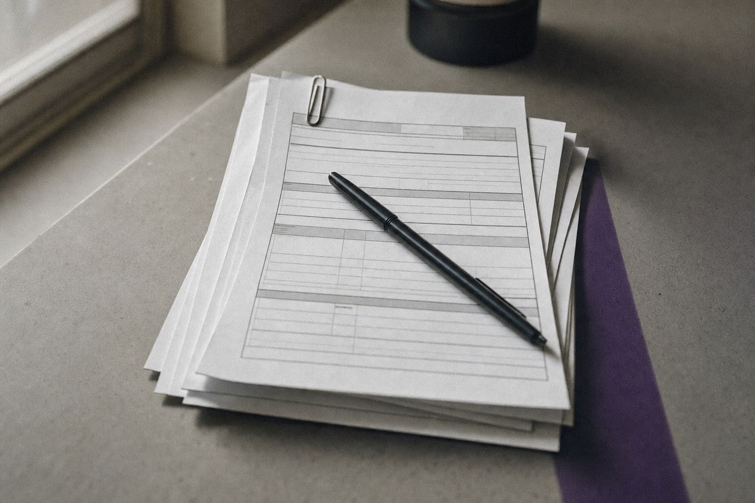 Formularios impresos apilados sobre un escritorio, con un clip metálico y un bolígrafo encima