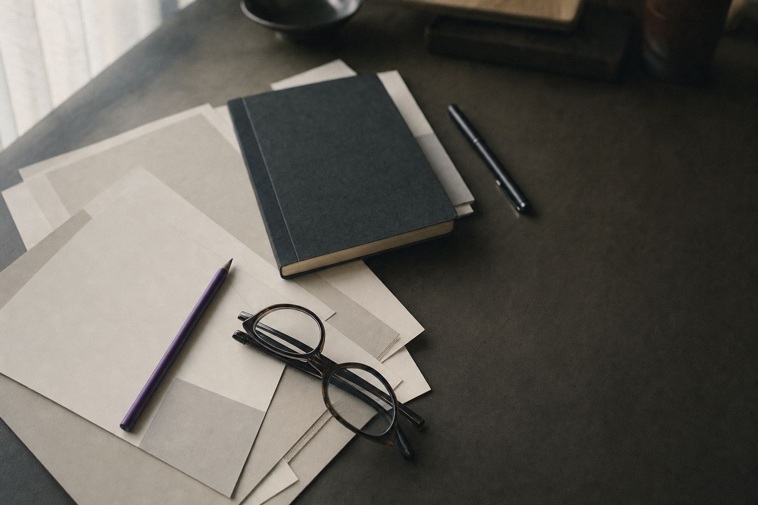 Vista superior de un escritorio de trabajo con hojas impresas, un cuaderno cerrado, un bolígrafo y unas gafas plegadas