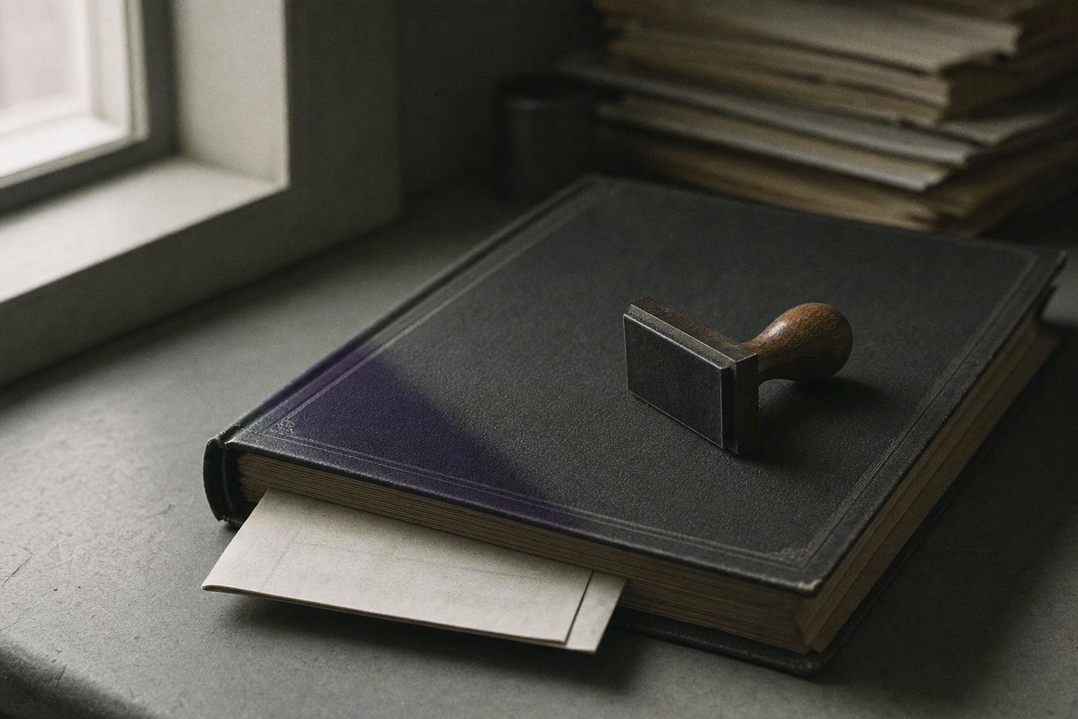 A closed official register bound in dark cloth, a wooden-handled rubber stamp resting on the cover and a folded document tucked under the front edge